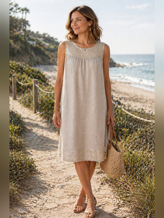 blu orchid Dresses & Skirts - Blu Orchid Linen Dress Sequins Sleeveless Summer  Sundress Tunic Beige Italy M
